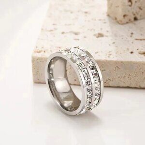 3/$35 Silver Stainless Steel Double Row Rhinestone Band Fashion Ring Engagement